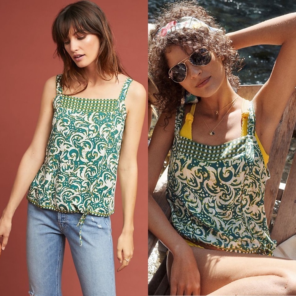 ANTHROPOLOGIE Tiny Jasmine Printed Tank Green Motif Size XS Drawstring